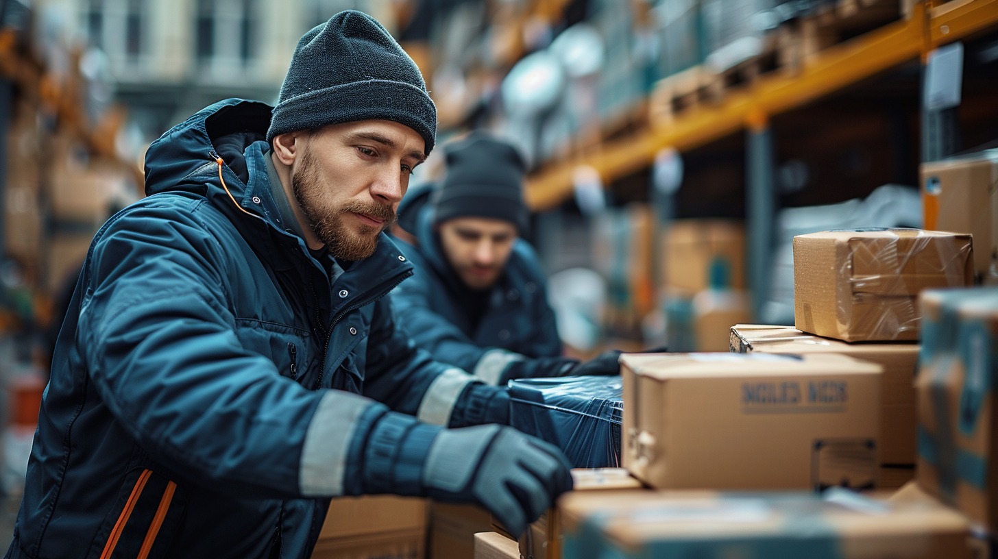 Movers in uniform preparing equipment and packing supplies